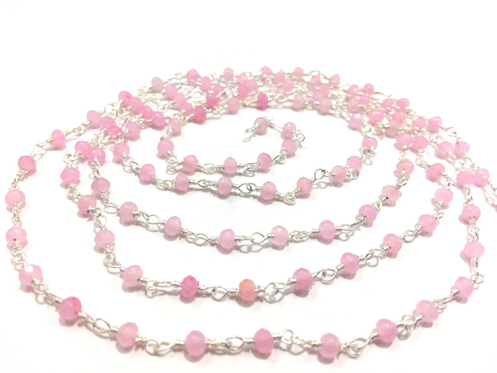 5-25 Feet Rose Pink Chalcedony Rondelle 4-4.5mm Beads Rosary Chain Silver Wire