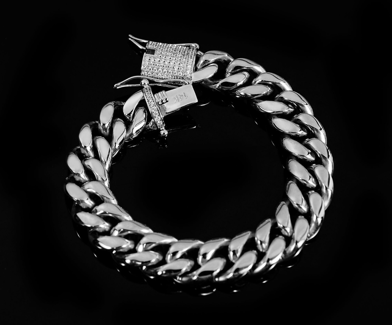 Miami Cuban Link Bracelet Chain Set White Gold Stainless Steel With CZ Clasp