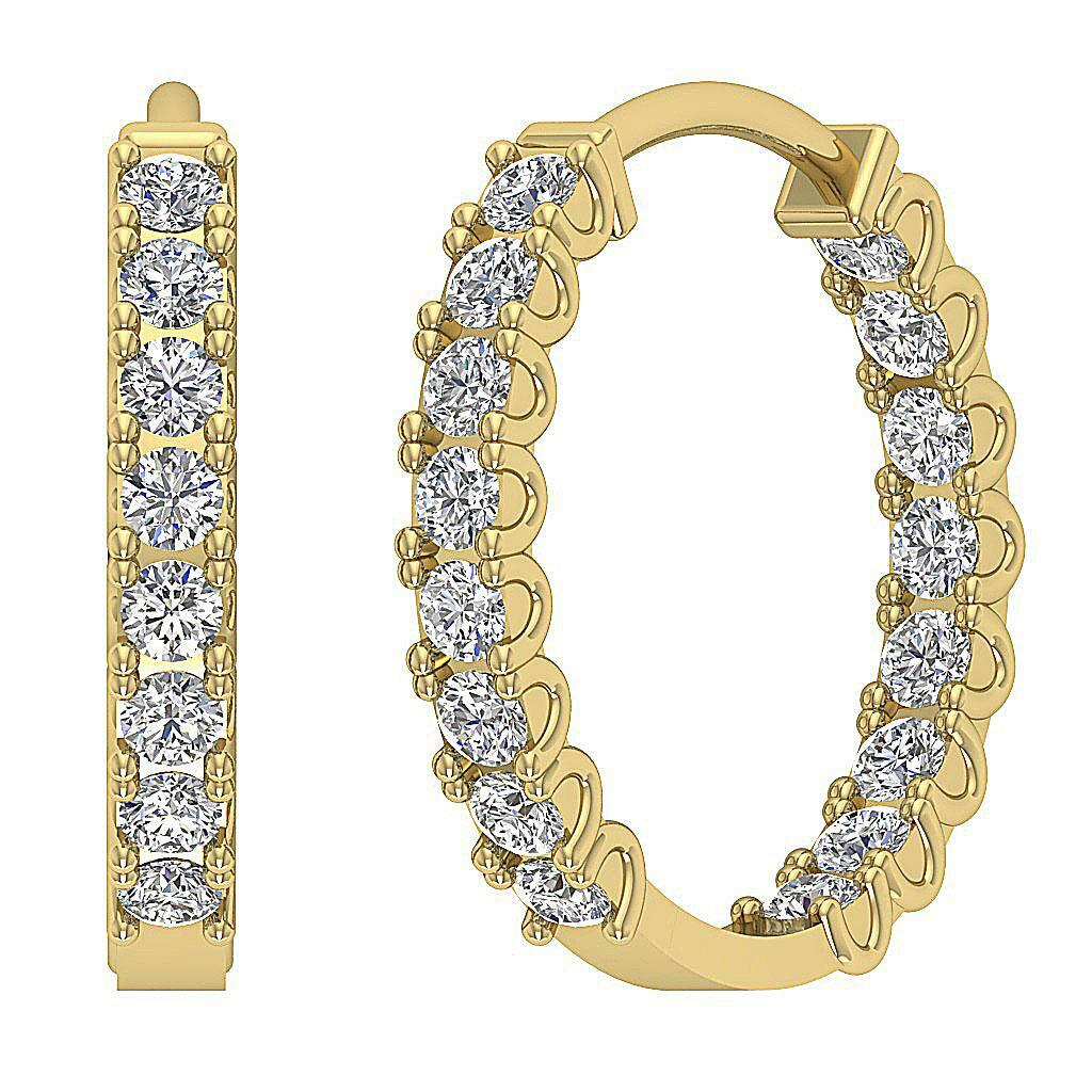 In Outside I1 G 0.55 Ct Genuine Diamond Hoop Earrings 14K Solid Gold 0.60 Inch