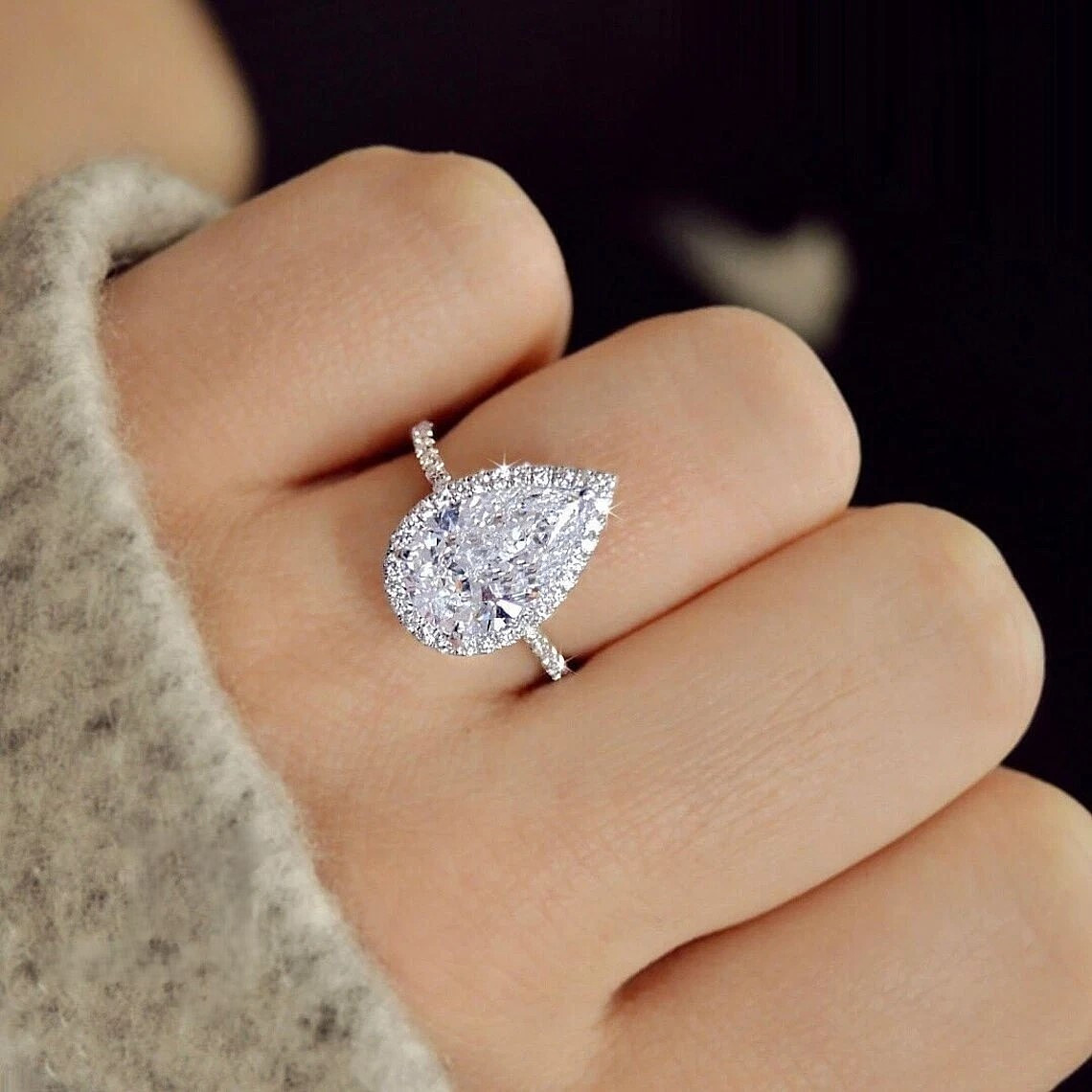 Moissanite Halo Engagement Ring Solid 14K White Gold 2.50 CT Pear Cut F/VVS1