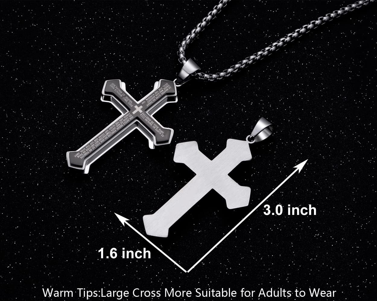 Mens Cross Necklace Silver Stainless Steel Lord’s Prayer Big Pendant Rolo Chain