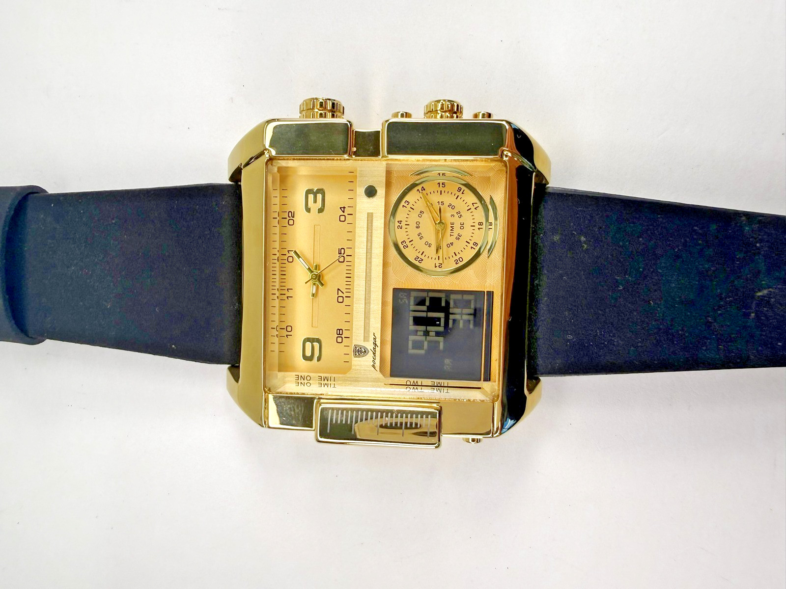 Poedagar 54mm+ Triple Time Zone Watch Gold Tone Analog Digital