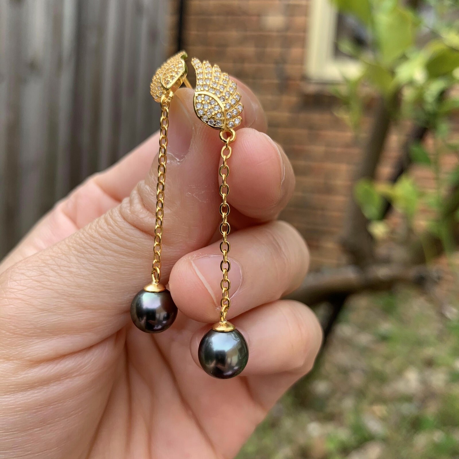 8.5~9mm Peacock Black Tahitian Pearl S925 Silver Angel Wing stud Earring Dangle
