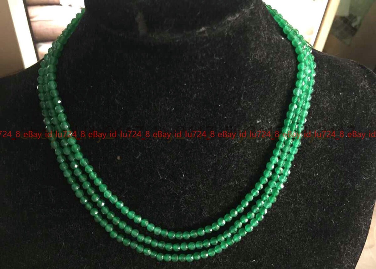 17-19 in 4mm Faceted 3 Rows Genuine Natural Green Jade Gems Round Beads Necklace