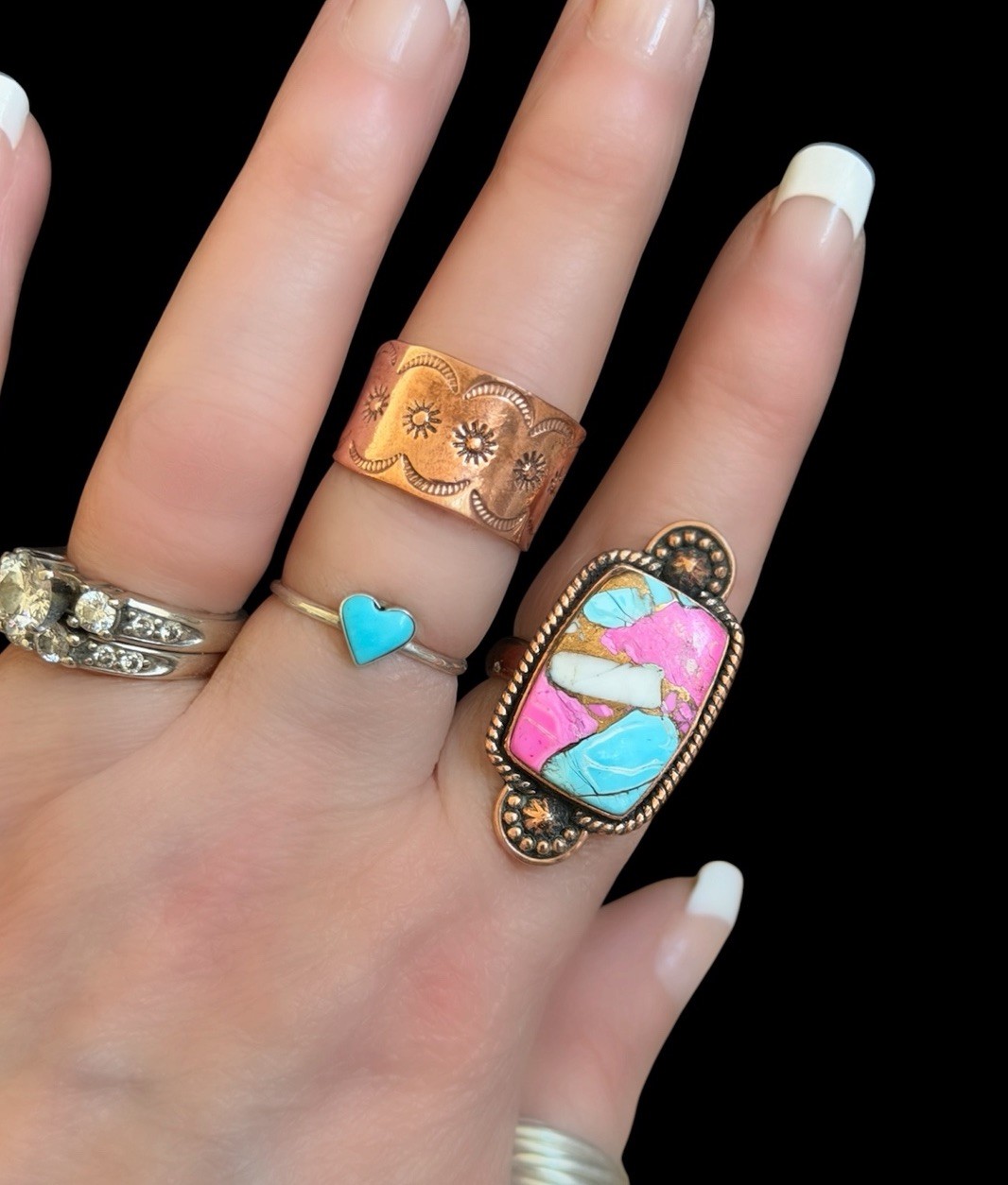 Cotton Candy Dahlia Kingman Turquoise Ring Adjustable 8-12 Southwestern