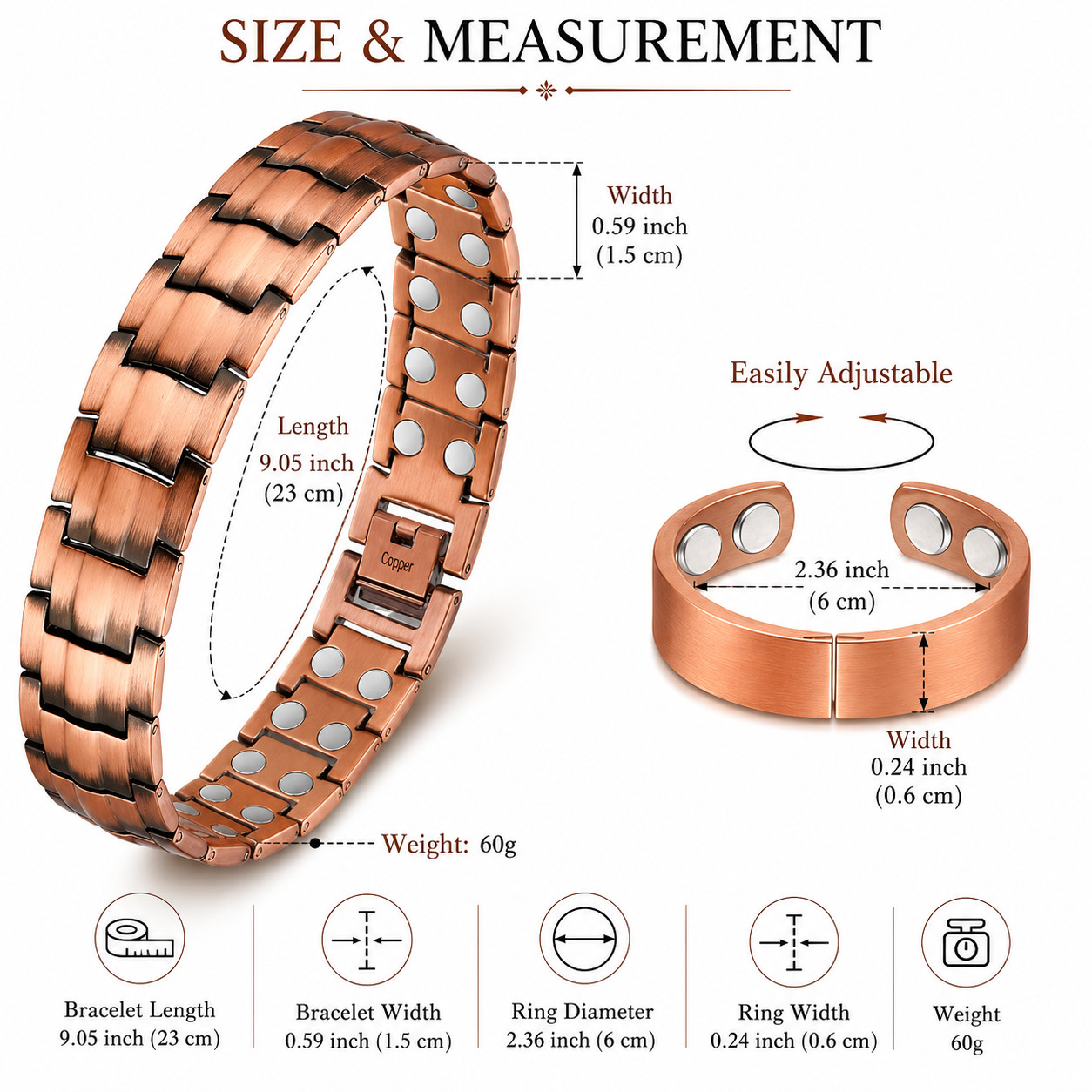Magnetic Copper Bracelet for Men Adjustable Link Wristband Arthritis Wellness