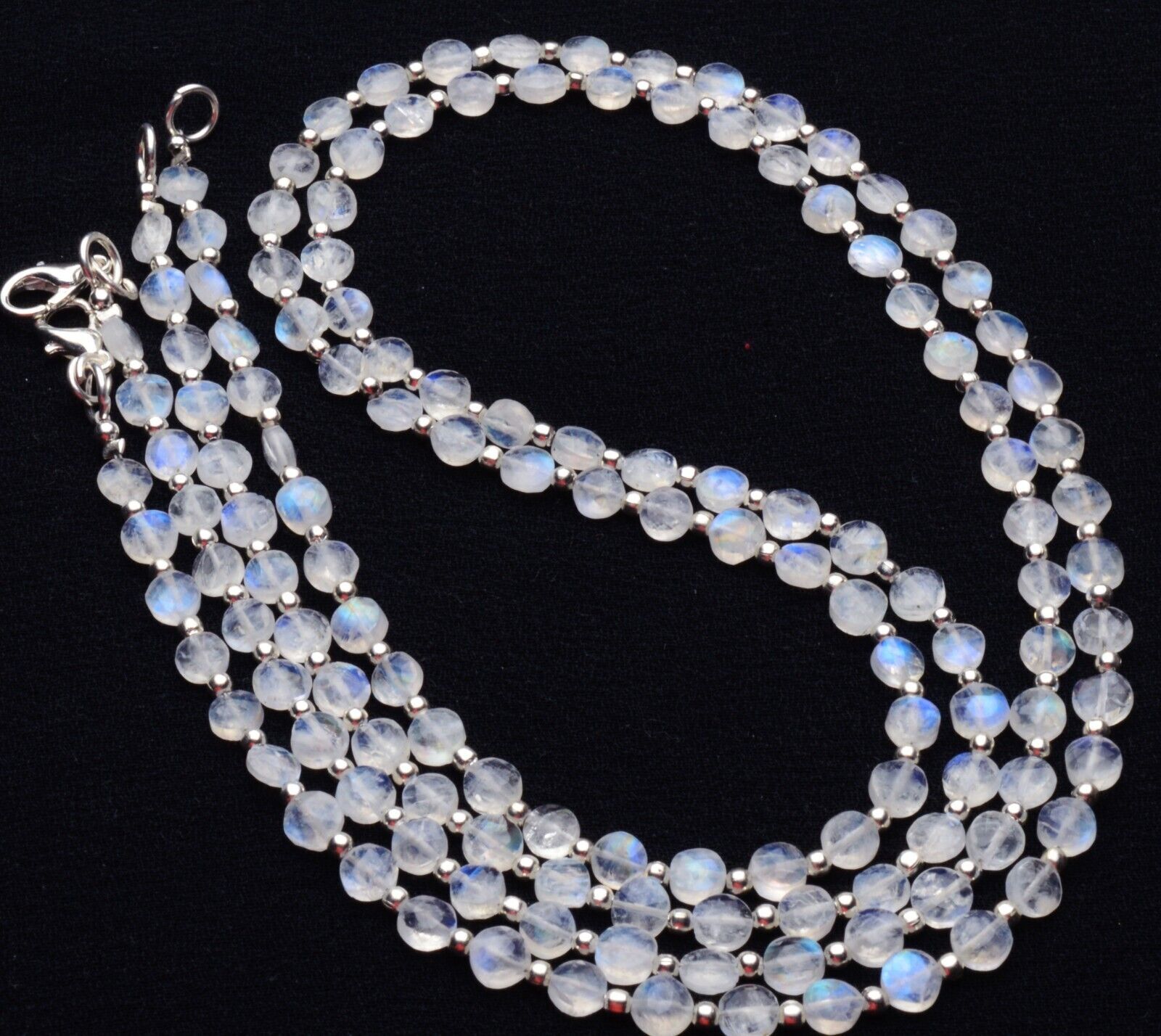 Rainbow Moonstone 20″ Necklace Blue Fire Beads 5 mm Faceted Round Coin