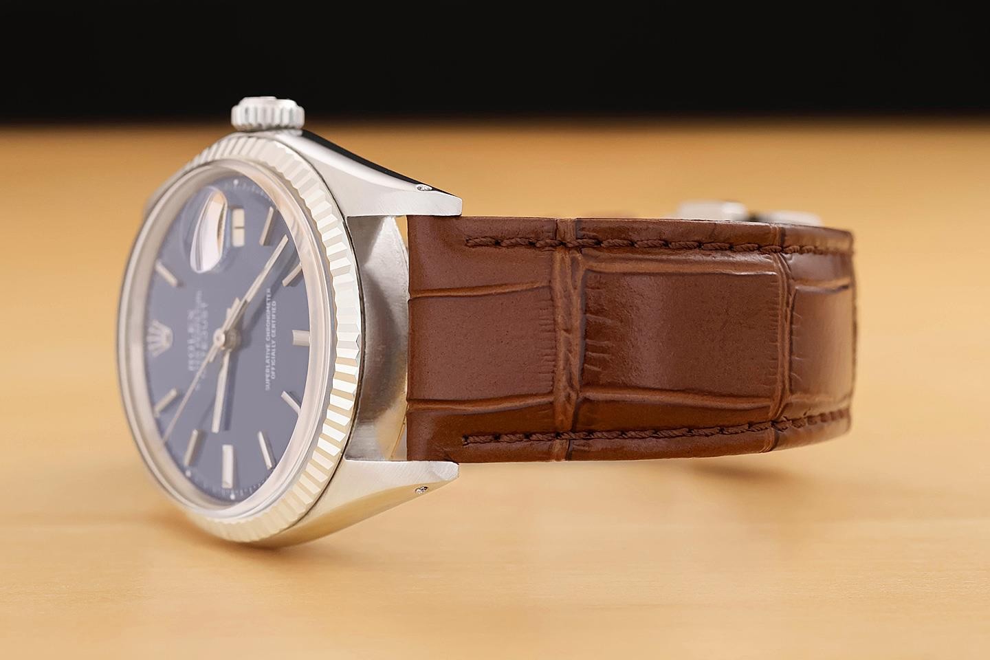 ROLEX MENS DATEJUST 1601 BLUE DIAL 18K WHITE GOLD STEEL WATCH w/ LEATHER BAND