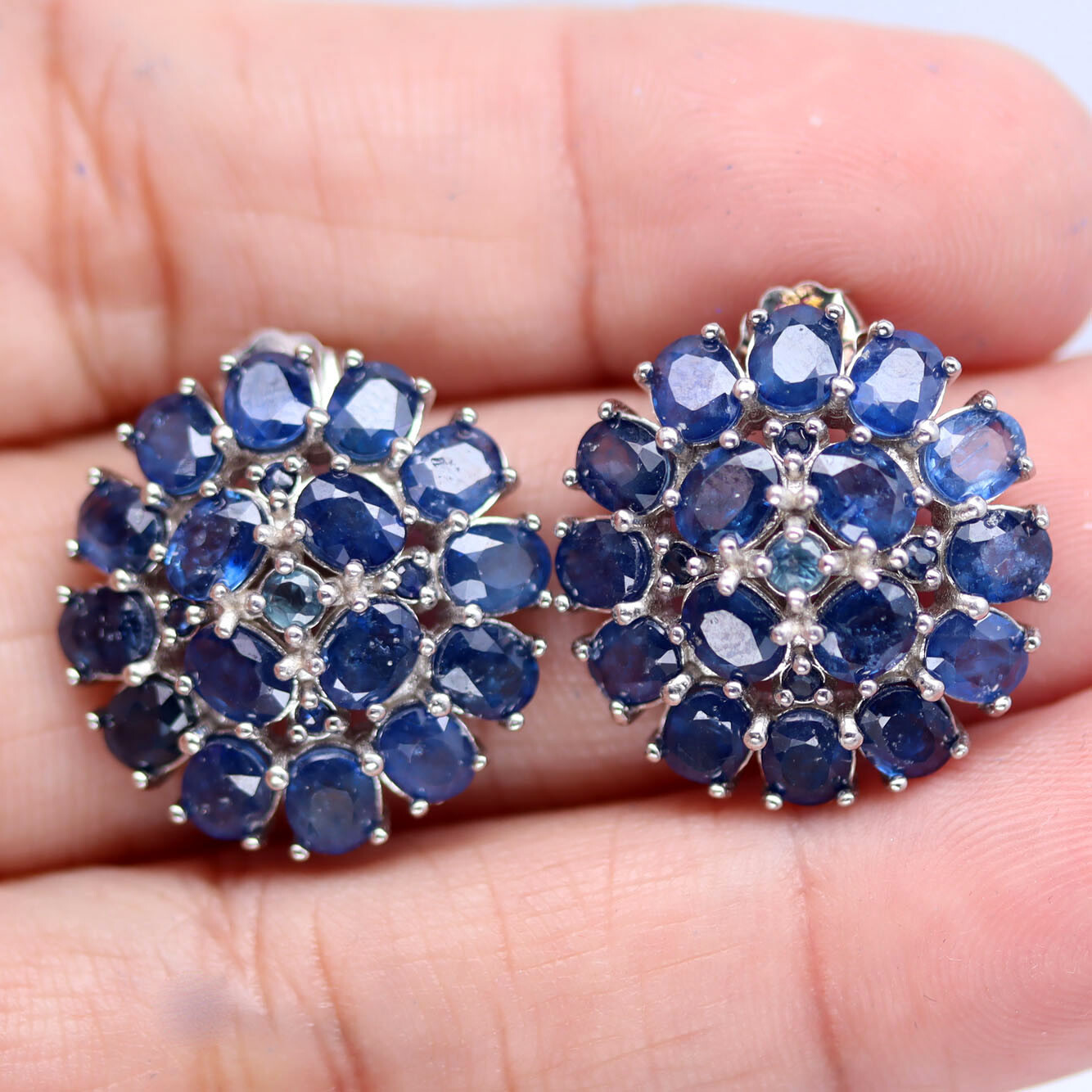 925 Sterling Silver White Gold Plated Blue Sapphire Earrings
