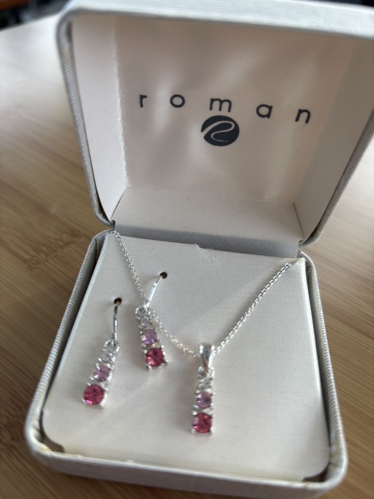 Roman Valentine Gift-3pc Jewelry Set Pink Gems Silver Necklace and Earring Set