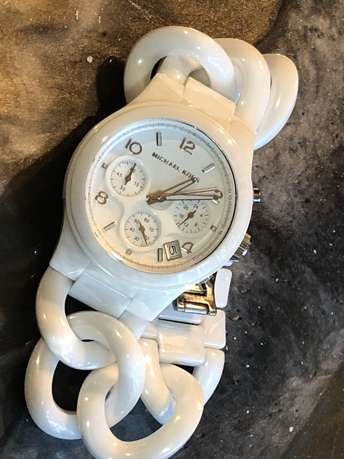 ✨🤍 NOS STUNNING Early MICHAEL KORS White CERAMIC Chain Link Bracelet Watch🤍✨