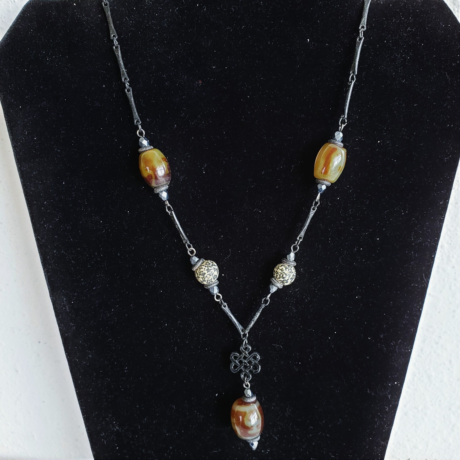 Faux Jasper Glass & Metal Beads Gun Black Alloy Chain Link Pendant Necklace 17″