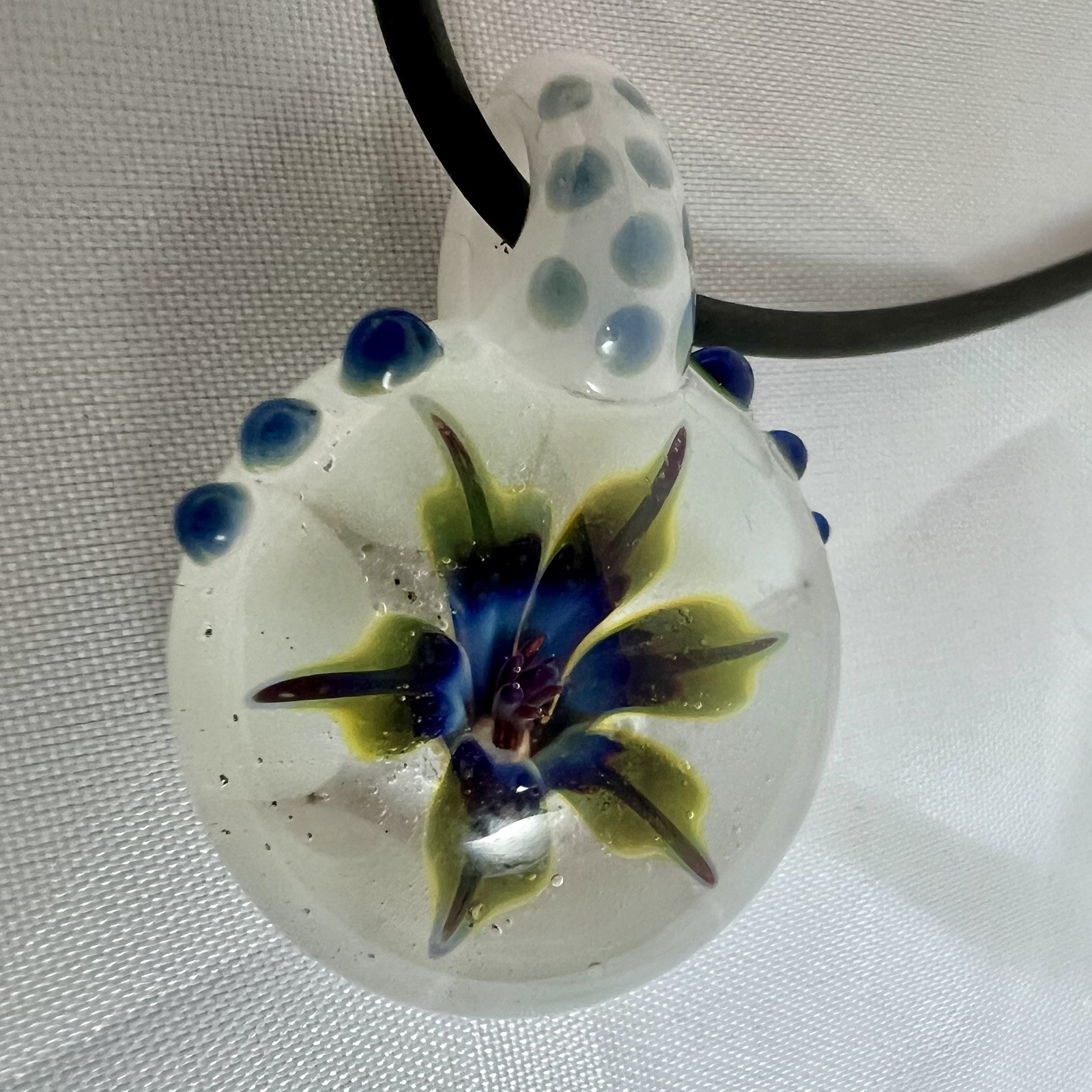 Blown Glass Art Pendant Blooming Flower Green Blue 3D Murano Lampwork Nacklace