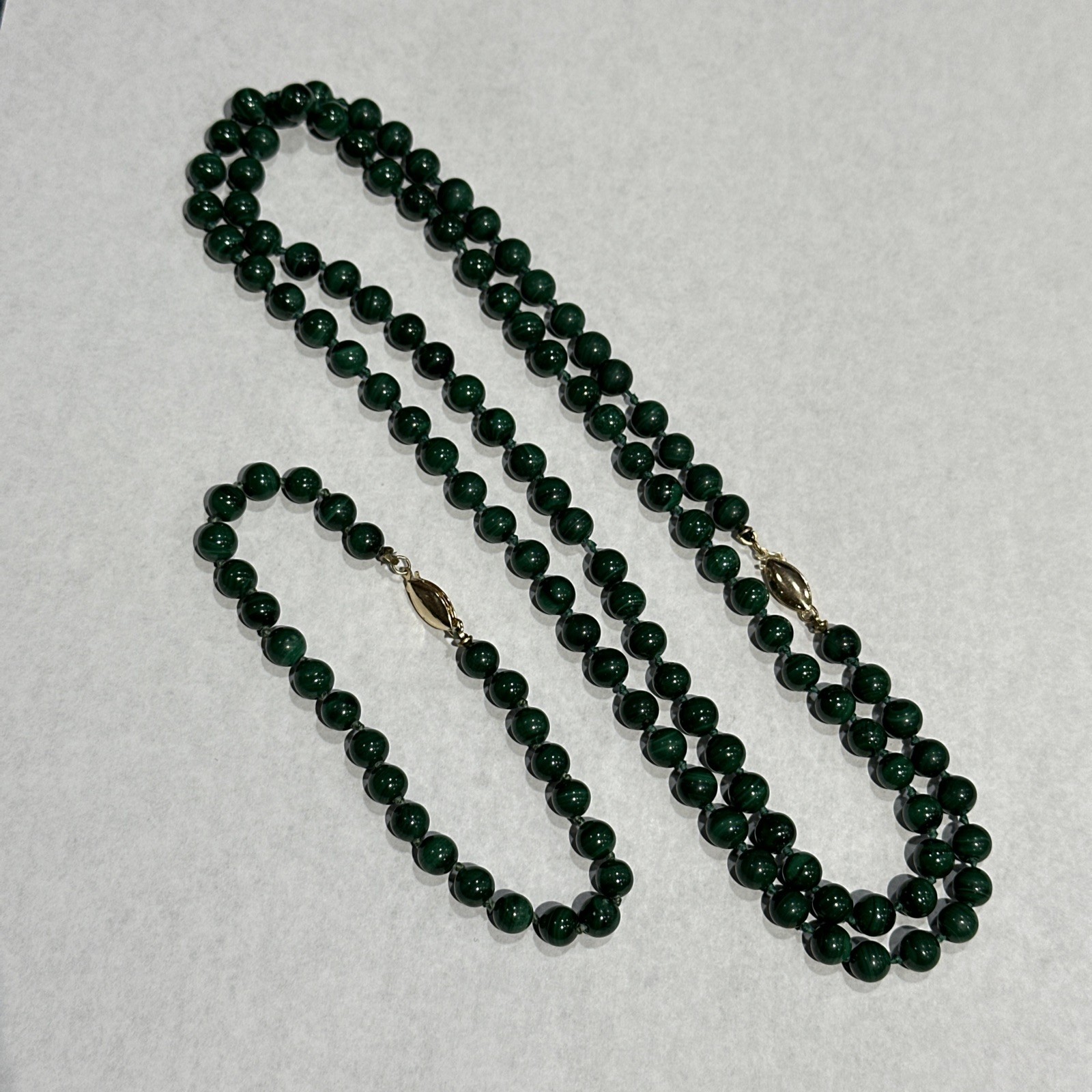 Jade Beaded Dark Green 6mm Necklace 30″ & Bracelet 7 1/4″ 14k Gold Clasp