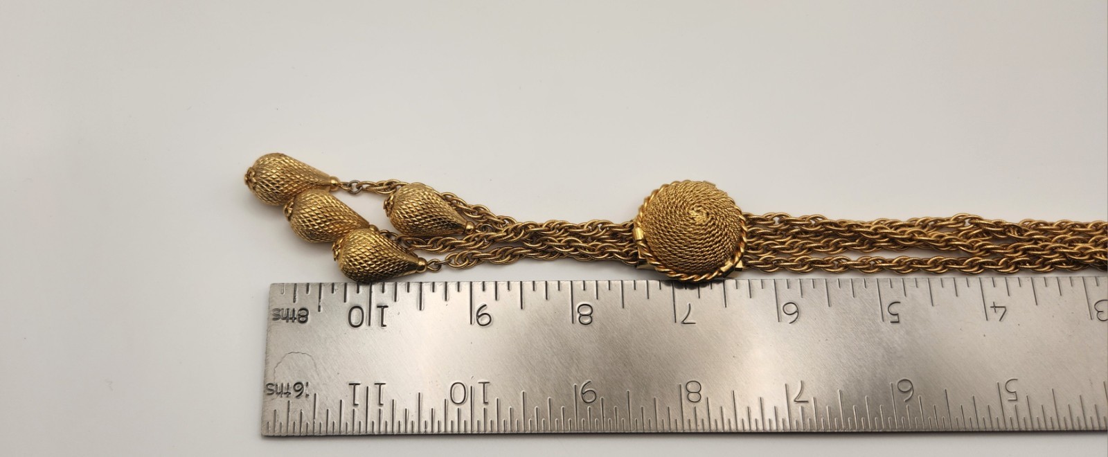 Vintage Gold Tone Lariat Necklace Adjustable Slider Bead Tassel Drop Statement