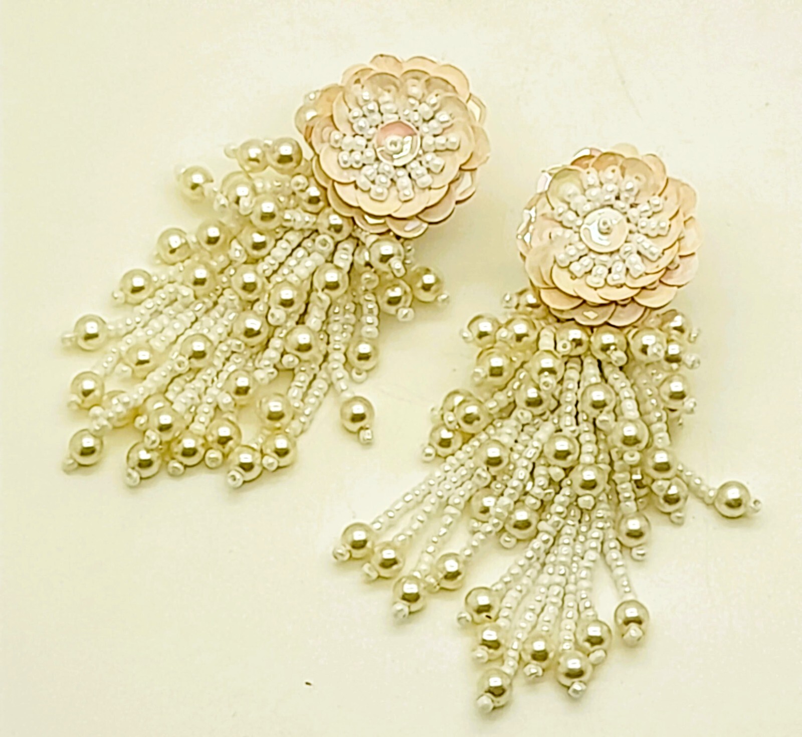 Vintage Handmade cream seed beaded sequins clip on drop/Dangle fashion earrings