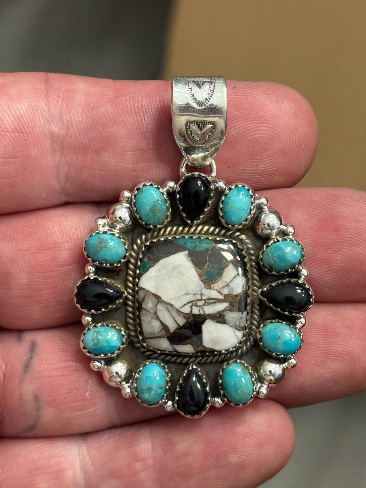 STERLING SILVER TURQUOISE WHITE BUFFALO MIX ONYX BIG CLUSTER DOME PENDANT .925