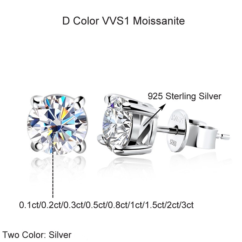 0.1-3ct VVS1 Moissanite Stud Earrings 925 Sterling Silver 18K White Gold Plated
