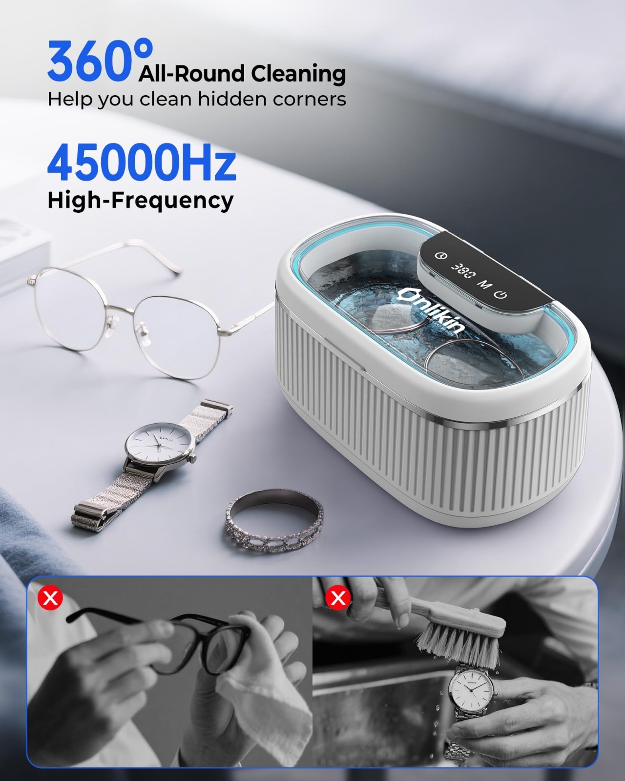 35W Ultrasonic Jewelry Cleaner – 45KHz Retainer & Eyeglasses Cleaner, 5 Timer, 3