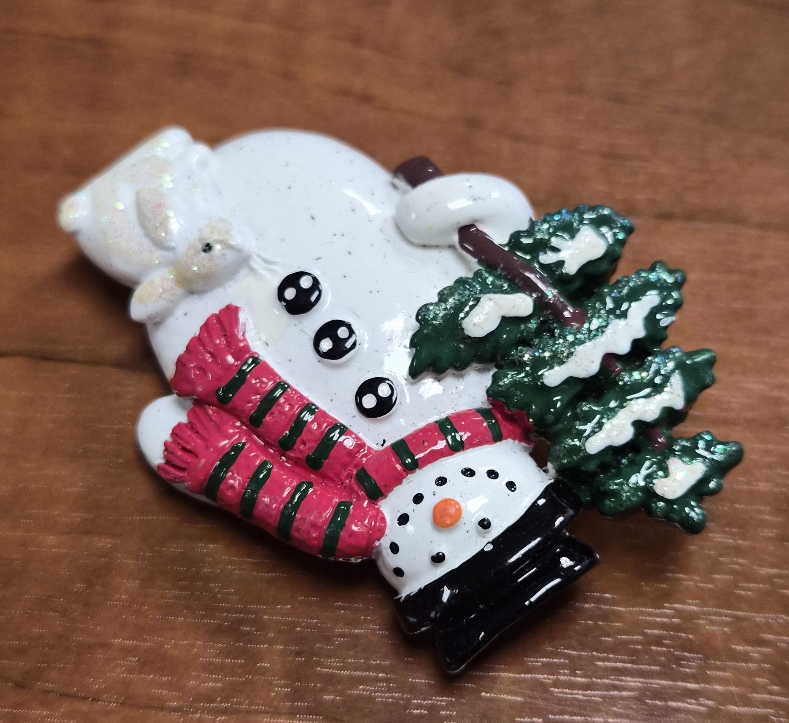 Estate Decorative Christmas Holiday Snowman Holding a Tree & Bunny Pin / Brooch