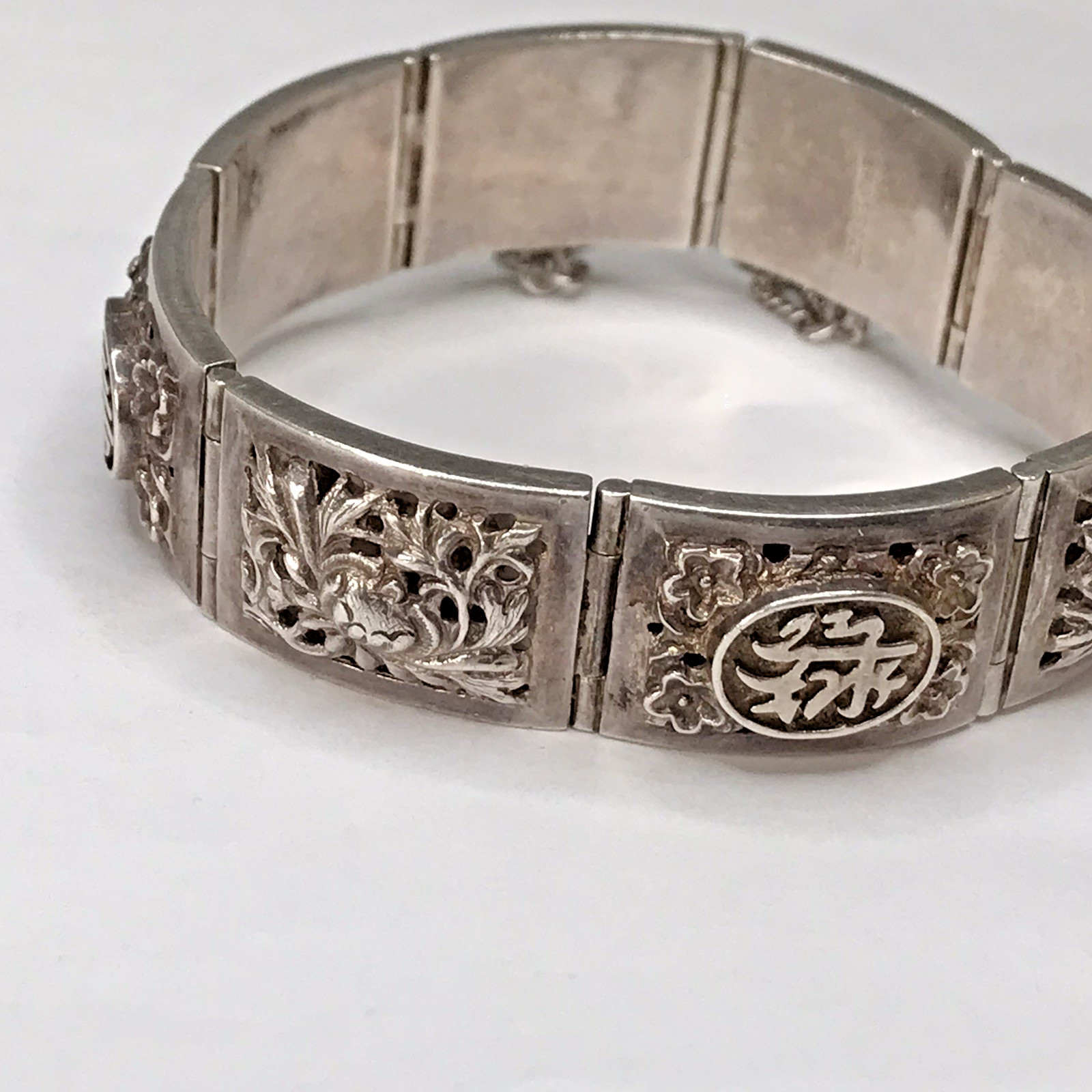 Sterling Silver Antique Chinese Character Lotus Oxidized Panel Bracelet 7″ 39.3g