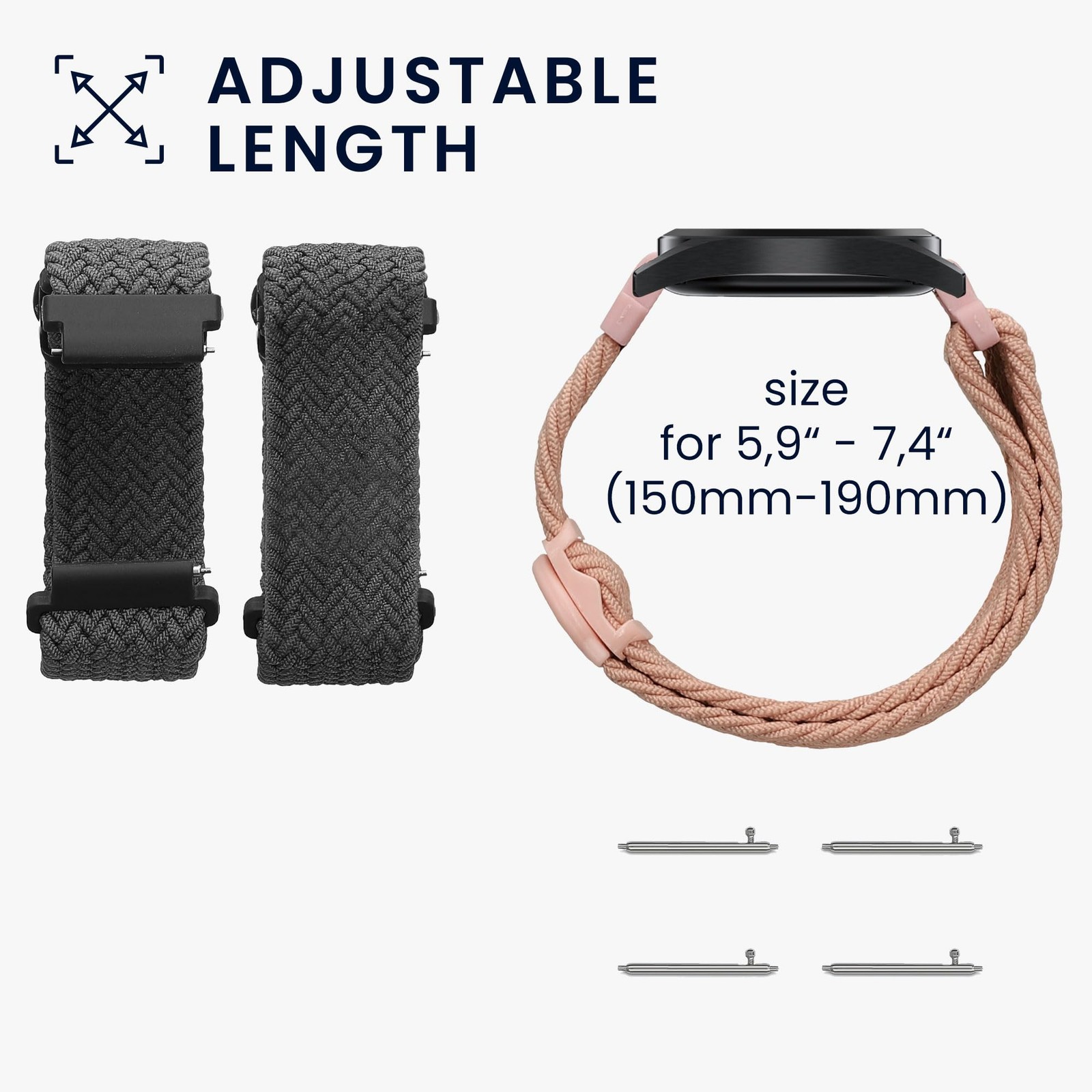 kwmobile 2x Nylon Strap for 5.9 – 7.5 inches (15 – 19 cm), grey / dusty pink
