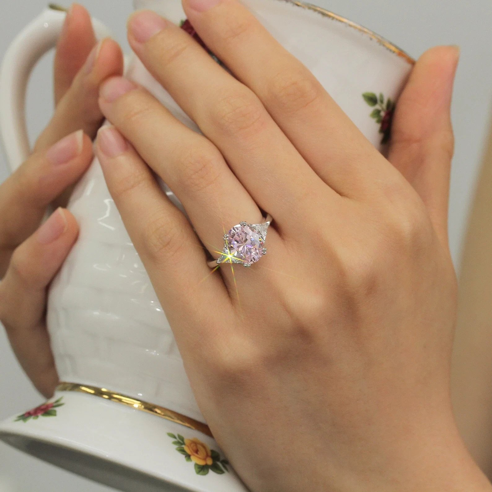 5.00 Ct Oval Cut Pink Sapphire & Diamond Engagement Ring 14K White Gold Size 6
