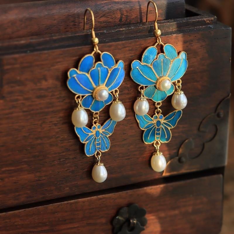 Cloisonne Drop Earrings Gold Plated Long Hook Hanfu Chinese Style Women