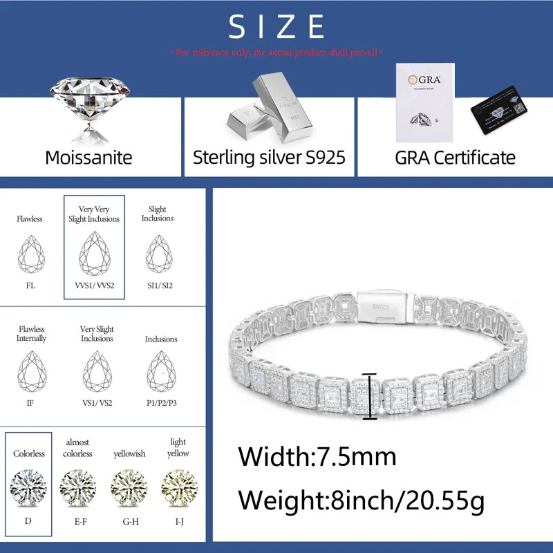 Moissanite Tennis Bracelet 925 Sterling Silver Iced Out Halo Link Chain 8 Inches
