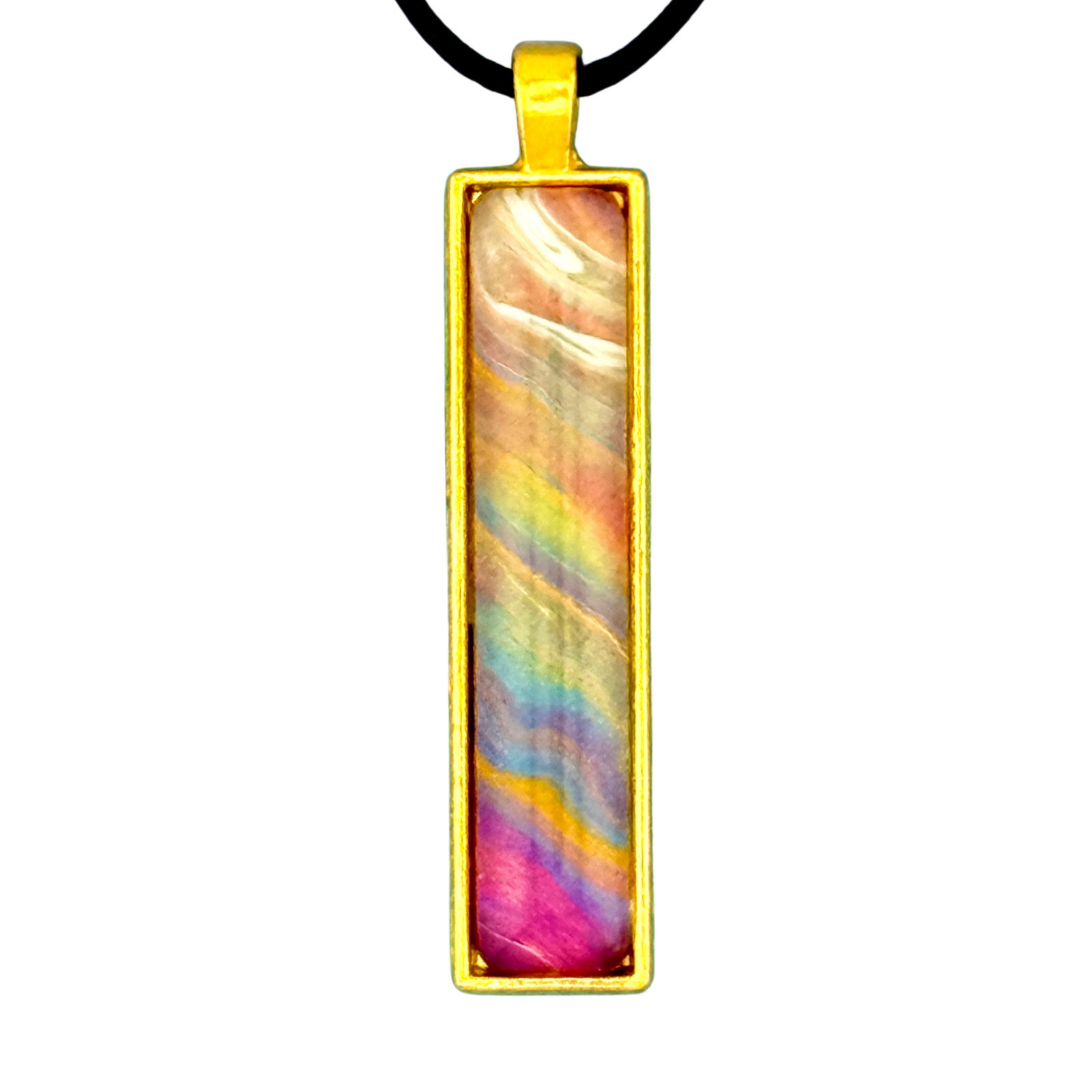 Pendant Necklace Handmade “Shimmery Dawn” Long Gold Bezel Glass Black Cord