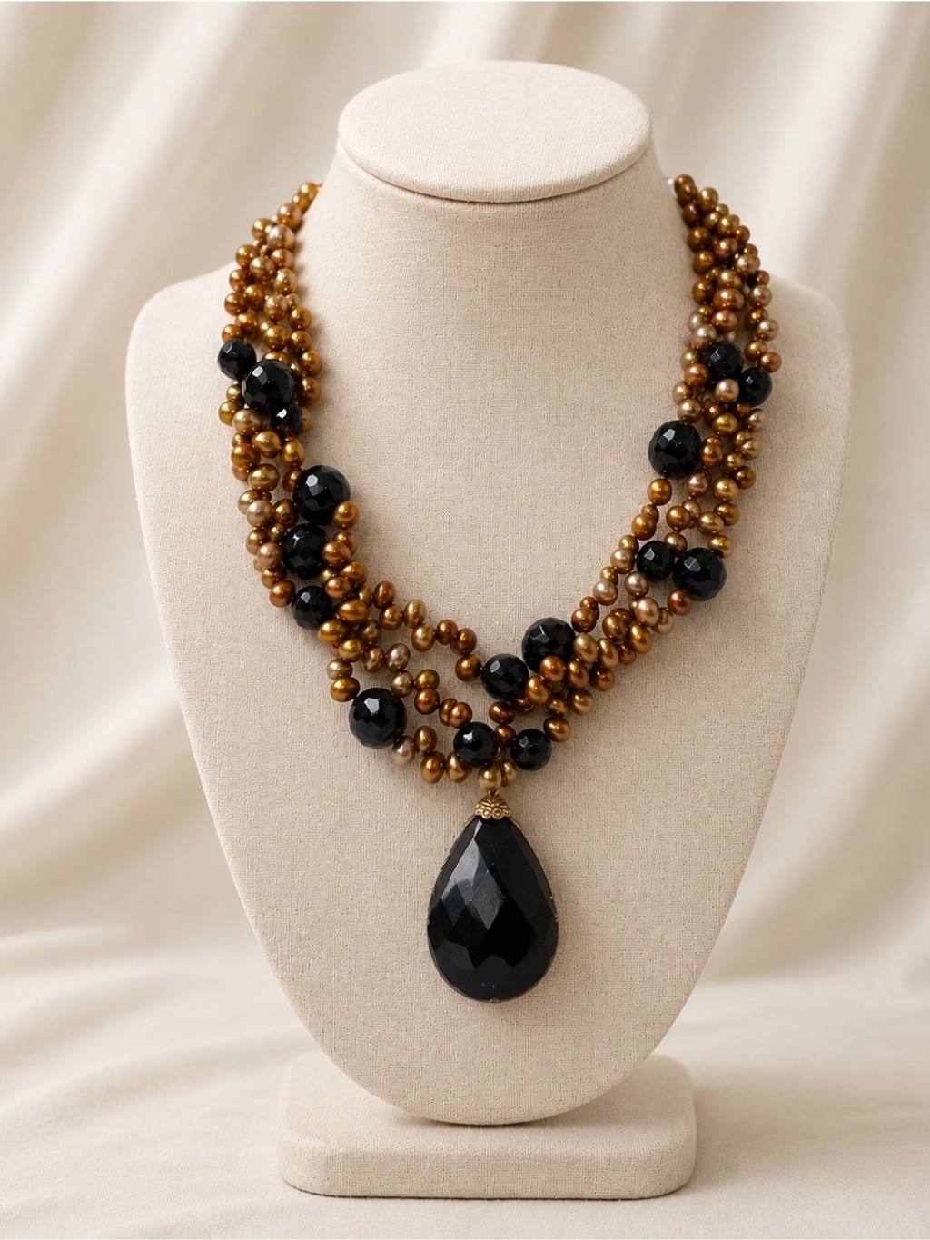 Statement Necklace Black Faceted Pendant & Bronze Pearl Beaded Necklace