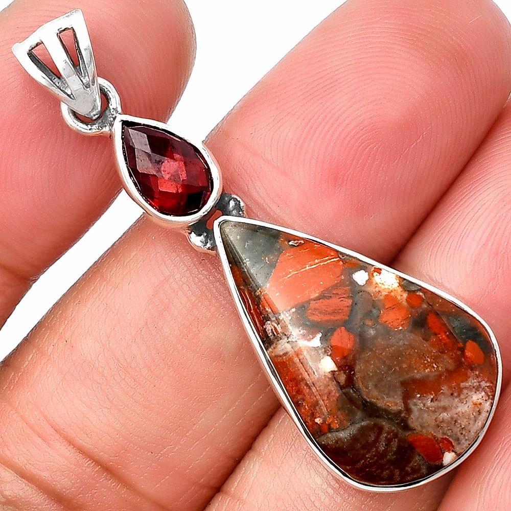 Red Brecciated Jasper & Garnet 925 Sterling Silver Pendant Jewelry P-1077
