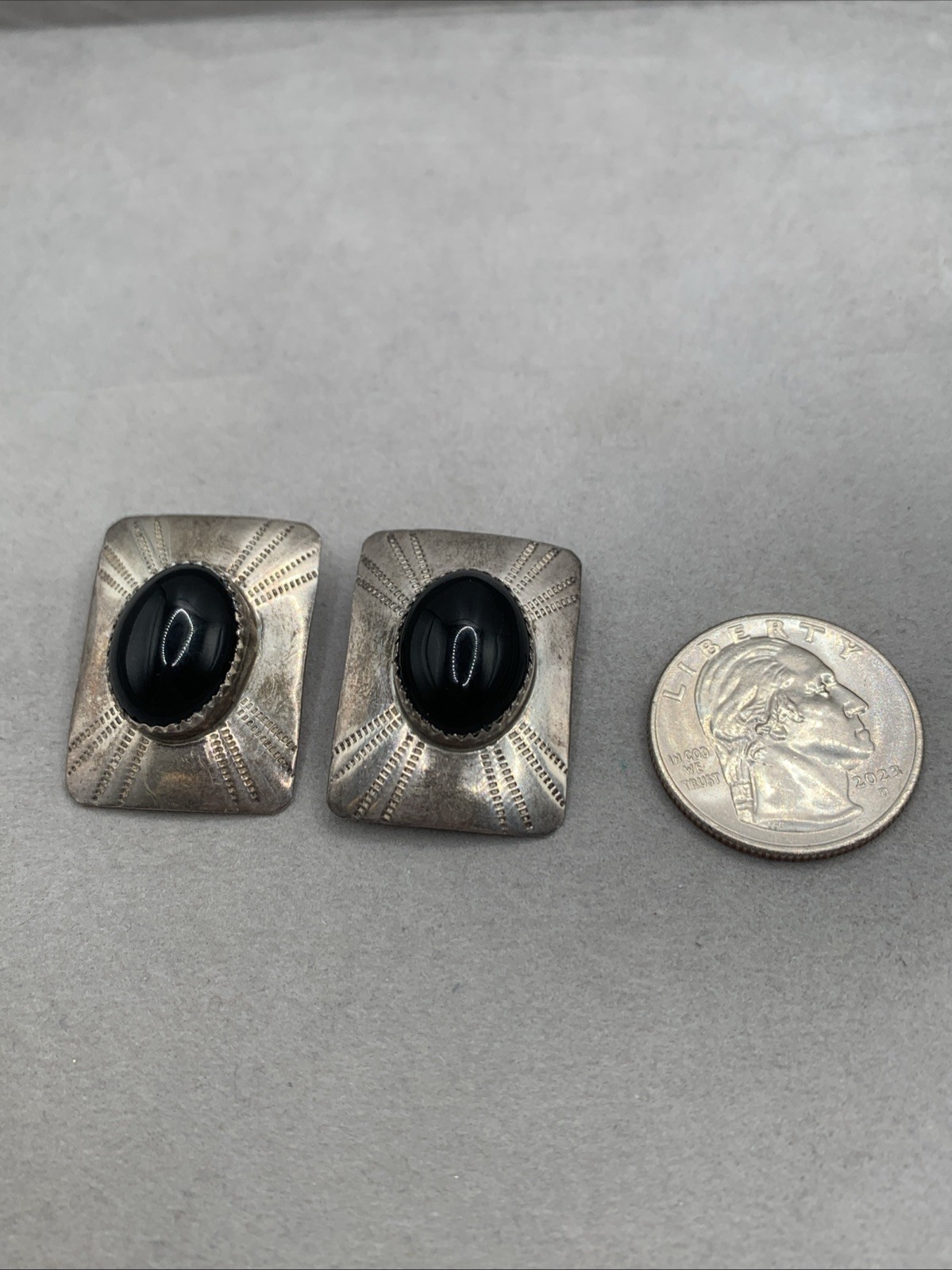 Vintage Southwest Sterling Silver Black Onyx Rectangle Stamped Clip-On Earrings