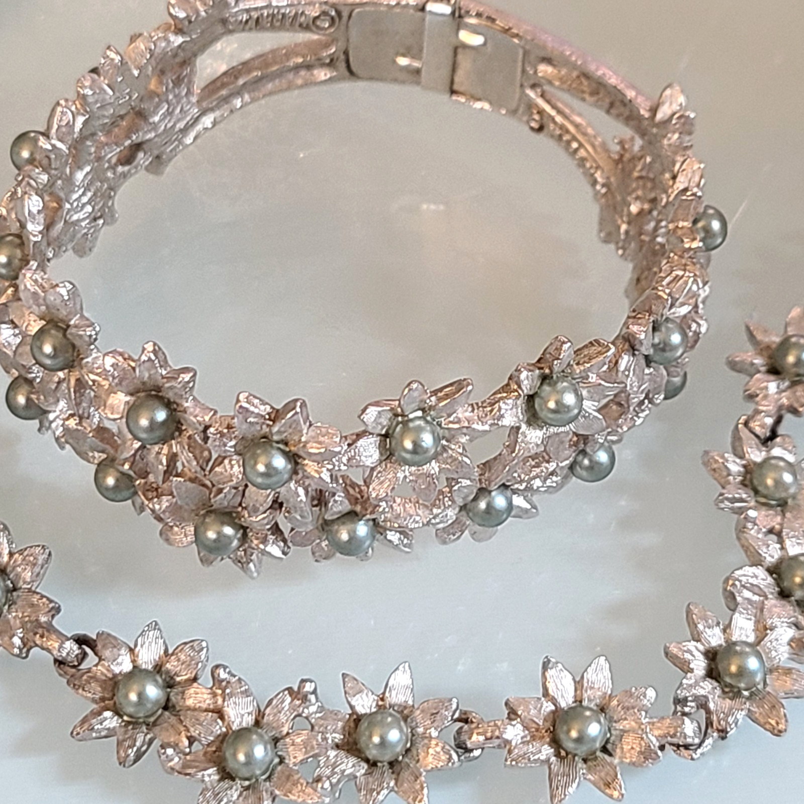 Vintage Marboux BOUCHER Floral Clamper Bracelet Necklace Set Grey Green Pearl