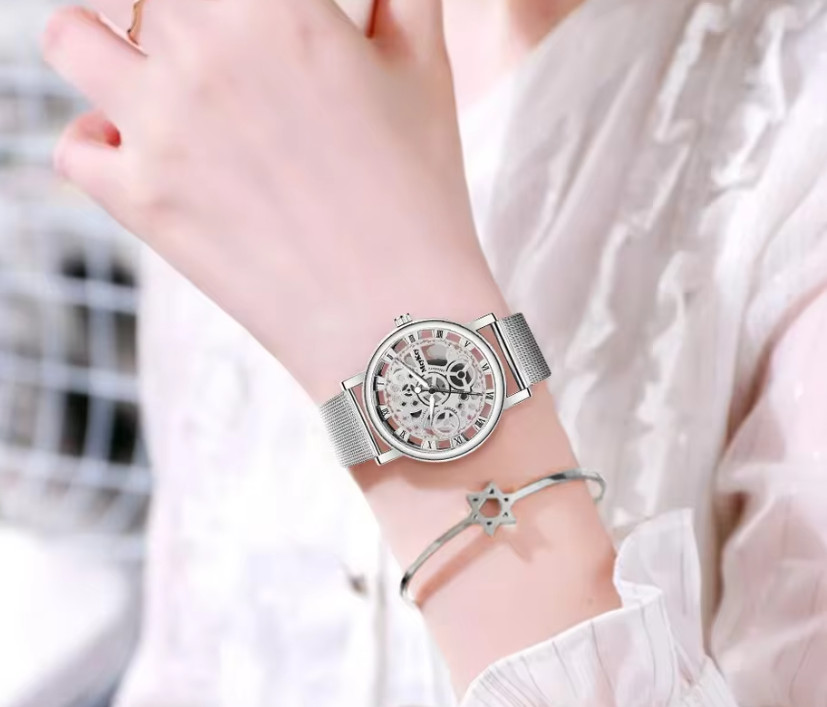 Women Skeleton Quartz Watch Stainless Steel Mesh Band Hollow Dial Fashion Wristw
