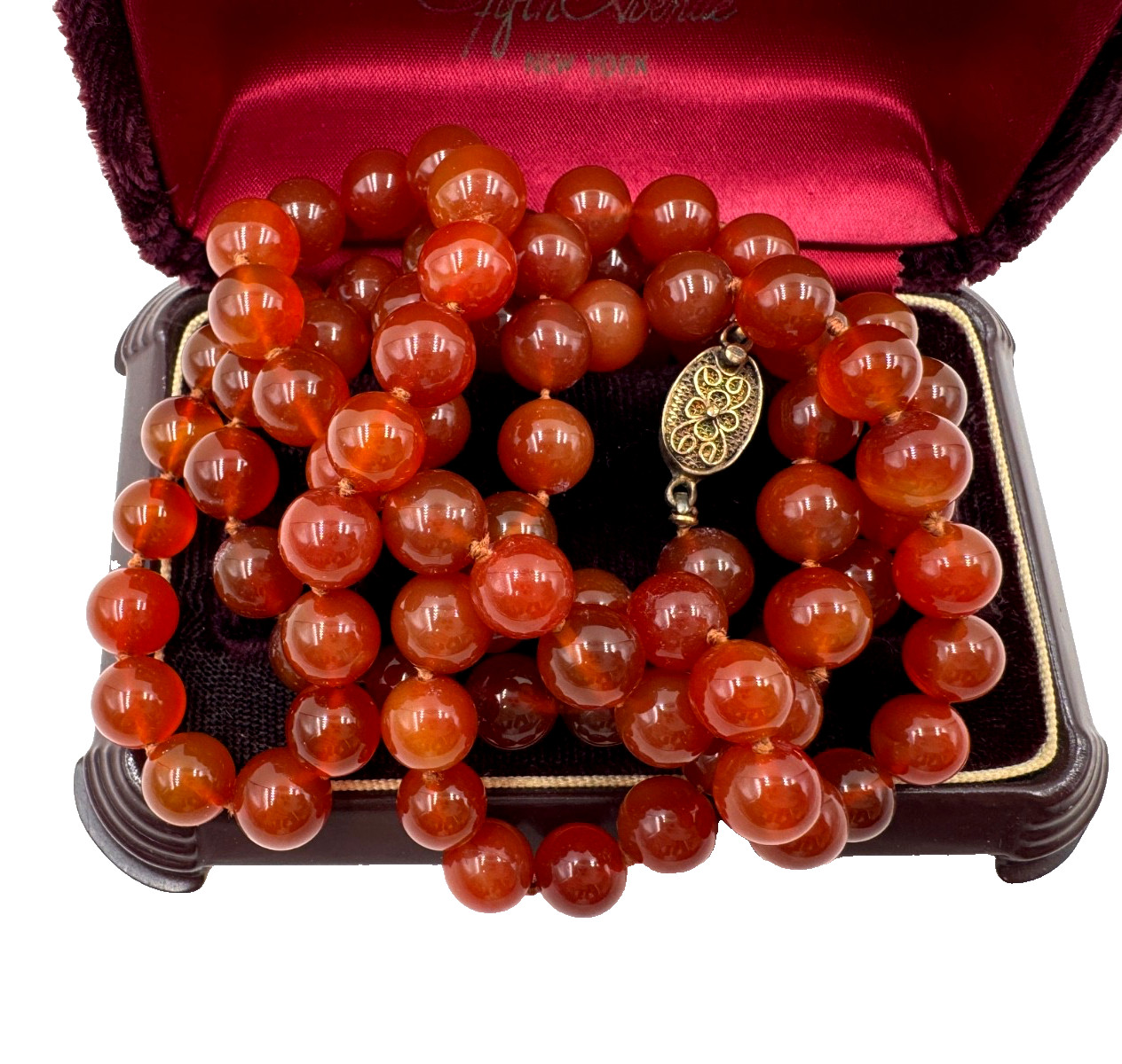 GORGEOUS ANTIQUE RED CARNELIAN CHINESE EXPORT 1920 NECKLACE VERMEIL SILVER CLASP