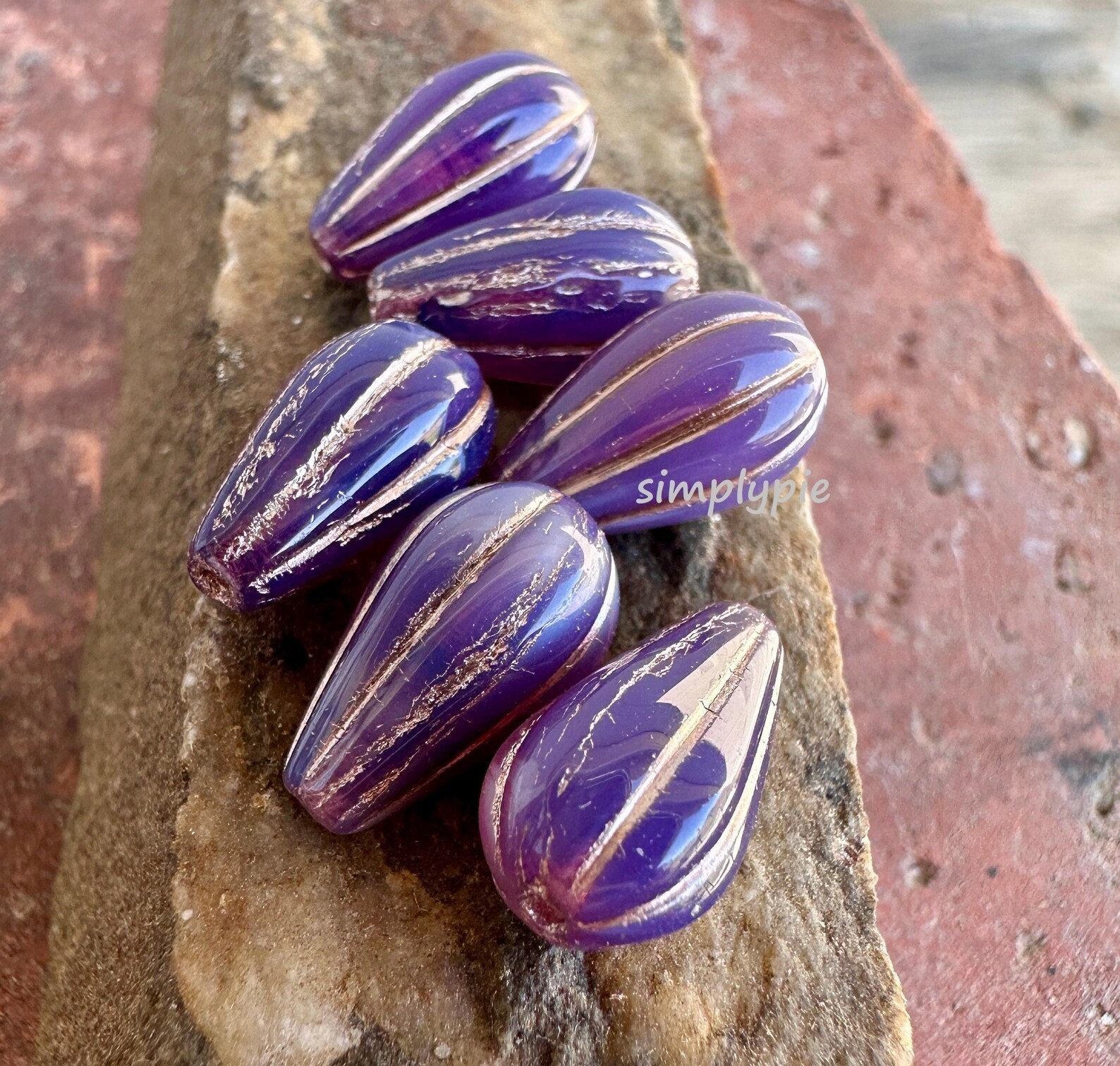 Lilac Copper Wash Dangle Drop 6 Czech Teardrop Glass Beads Bohemian