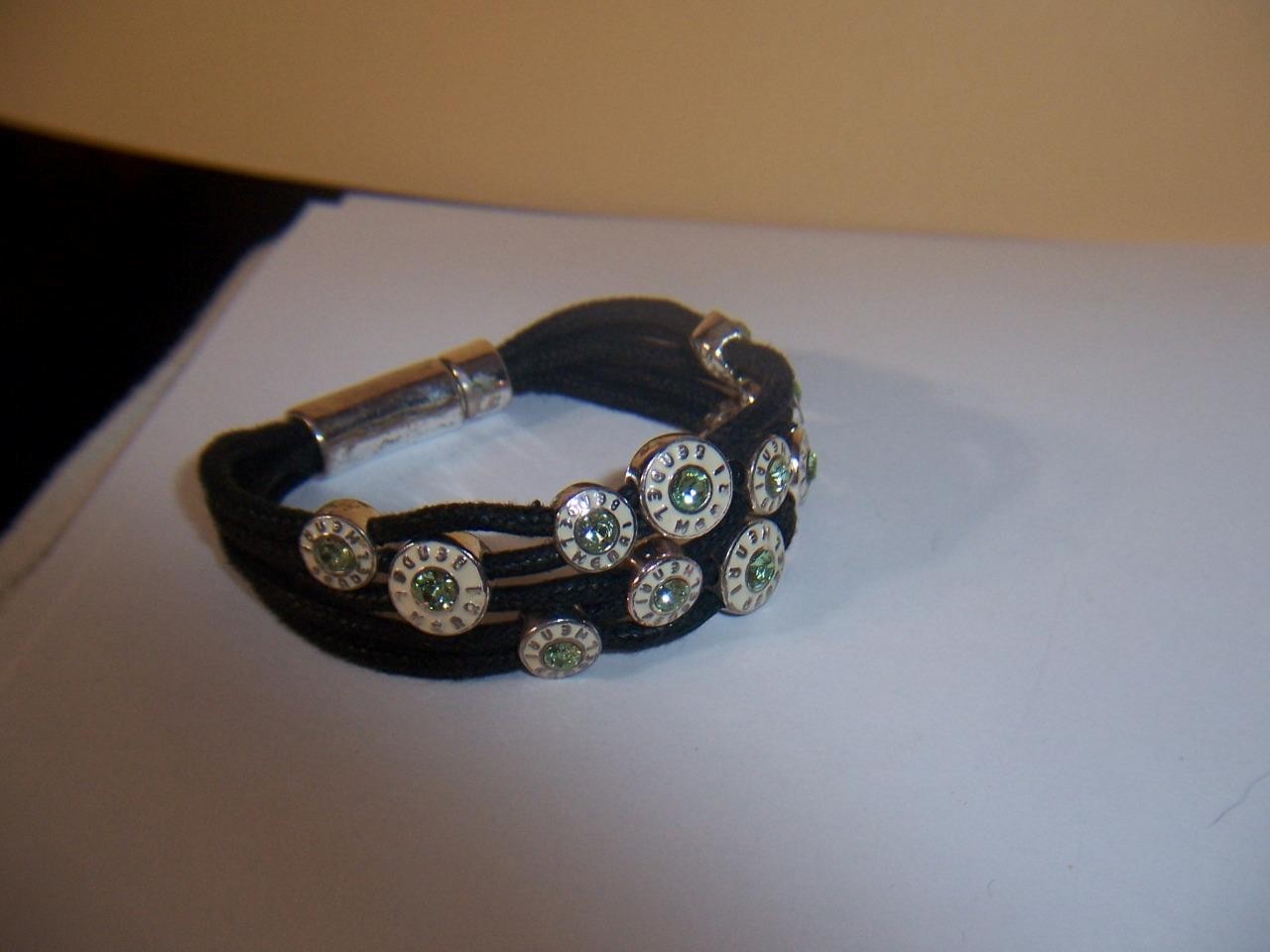 HENRI BENDEL BLACK CORD GREEN CRYSTAL SILVER TONE BRACELET 7 1/2 INCH