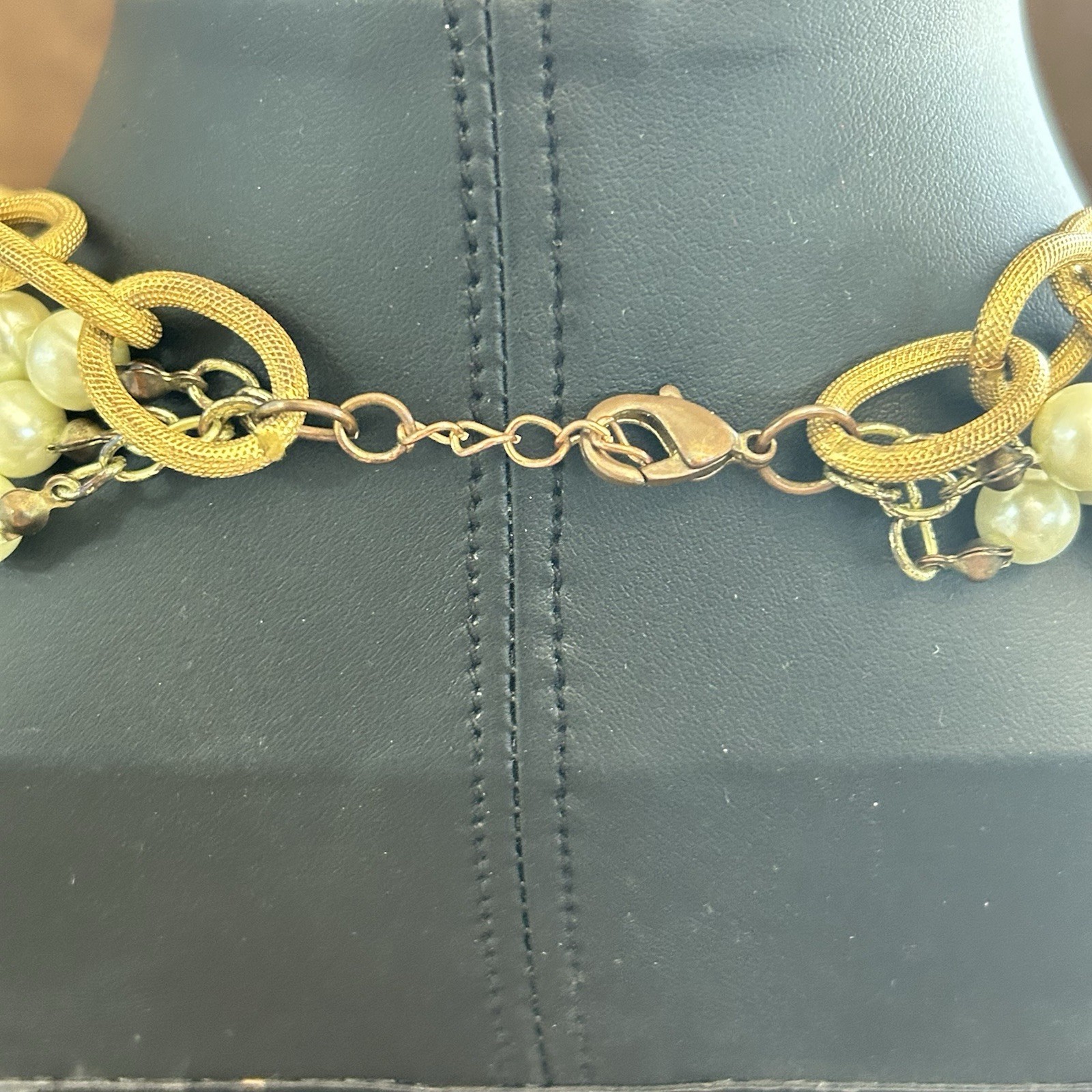 Gold Tone Multi-Strand Simulated Cream Pearl Link Chain Coin Pendant, Lobster