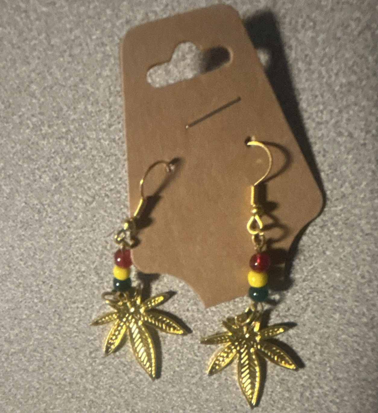 Gold Tone Leaf Charm Dangle Hook Earrings Red Yellow Green Beads