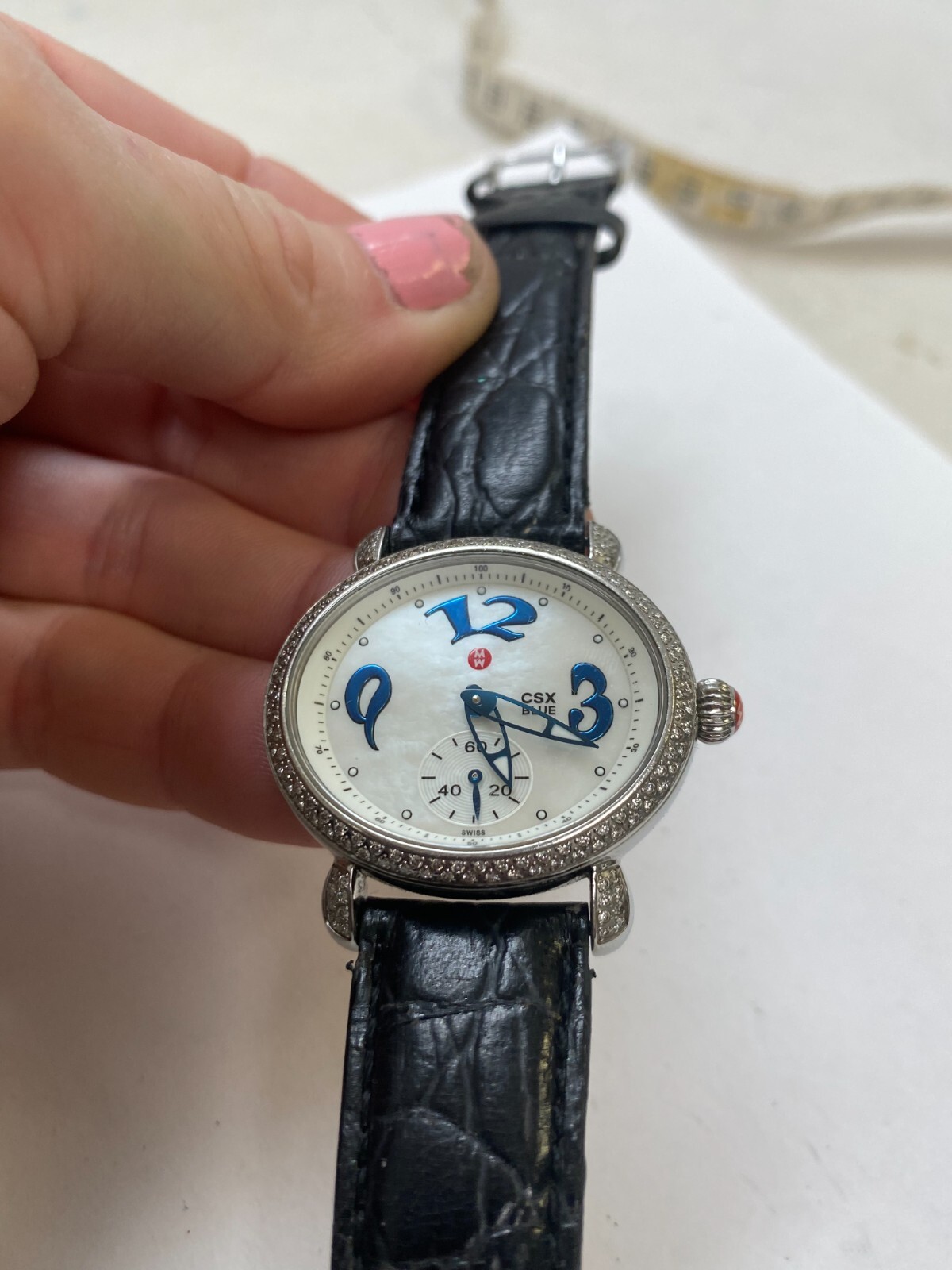Michele CSX Blue MOP Dial Diamond Bezel 35mm Quartz Watch MW03E01 NEW BATTERY!