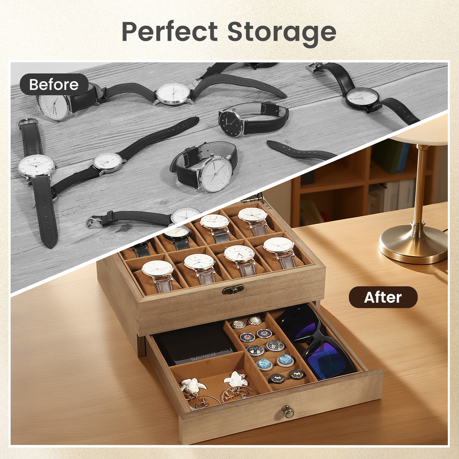 8 Slots Watch Box Solid Wood Watch Case Jewelry Storage Glass Lid Display Case