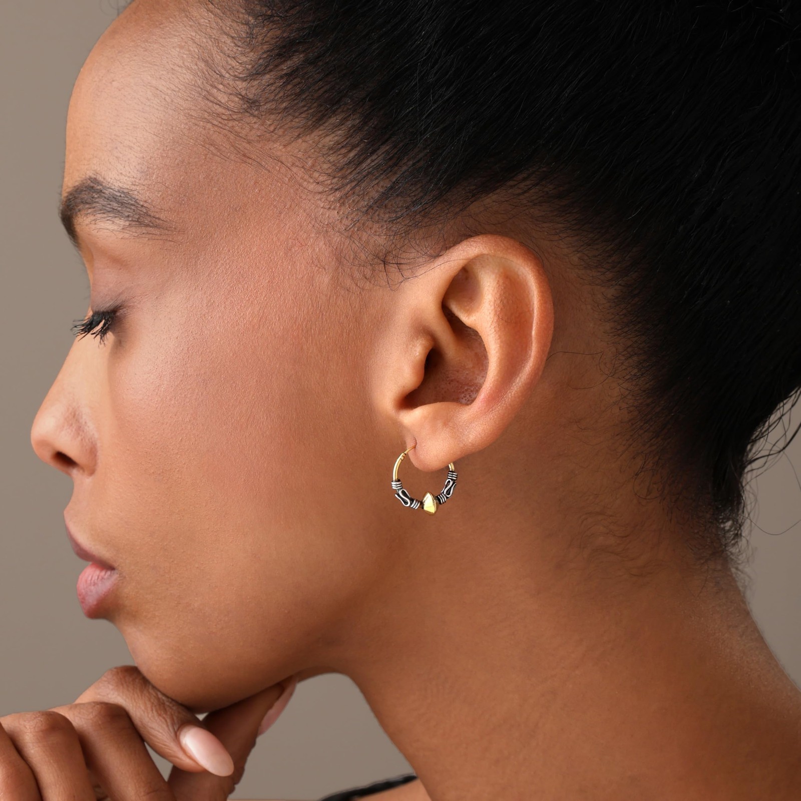 Real 925 Sterling Silver Two Tone Beaded Bali Endless Hoop Earrings for Women