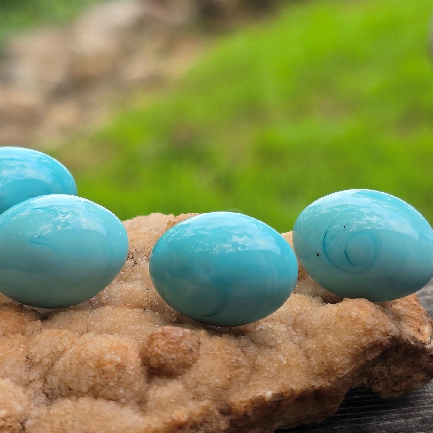 Rare Vintage German Robin’s Egg Blue Milk Glass Oval Beads on Original Wires 4pc