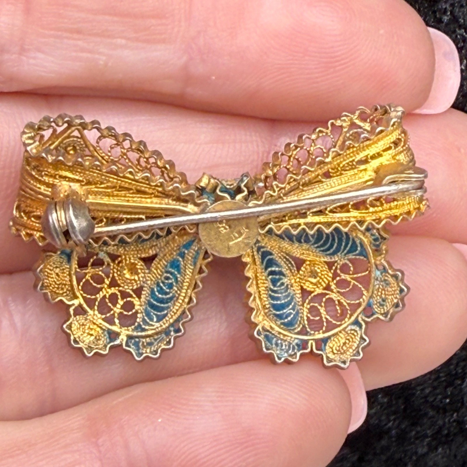 Vintage Chinese Export Brooch Bow 800 Silver Enamel Blue