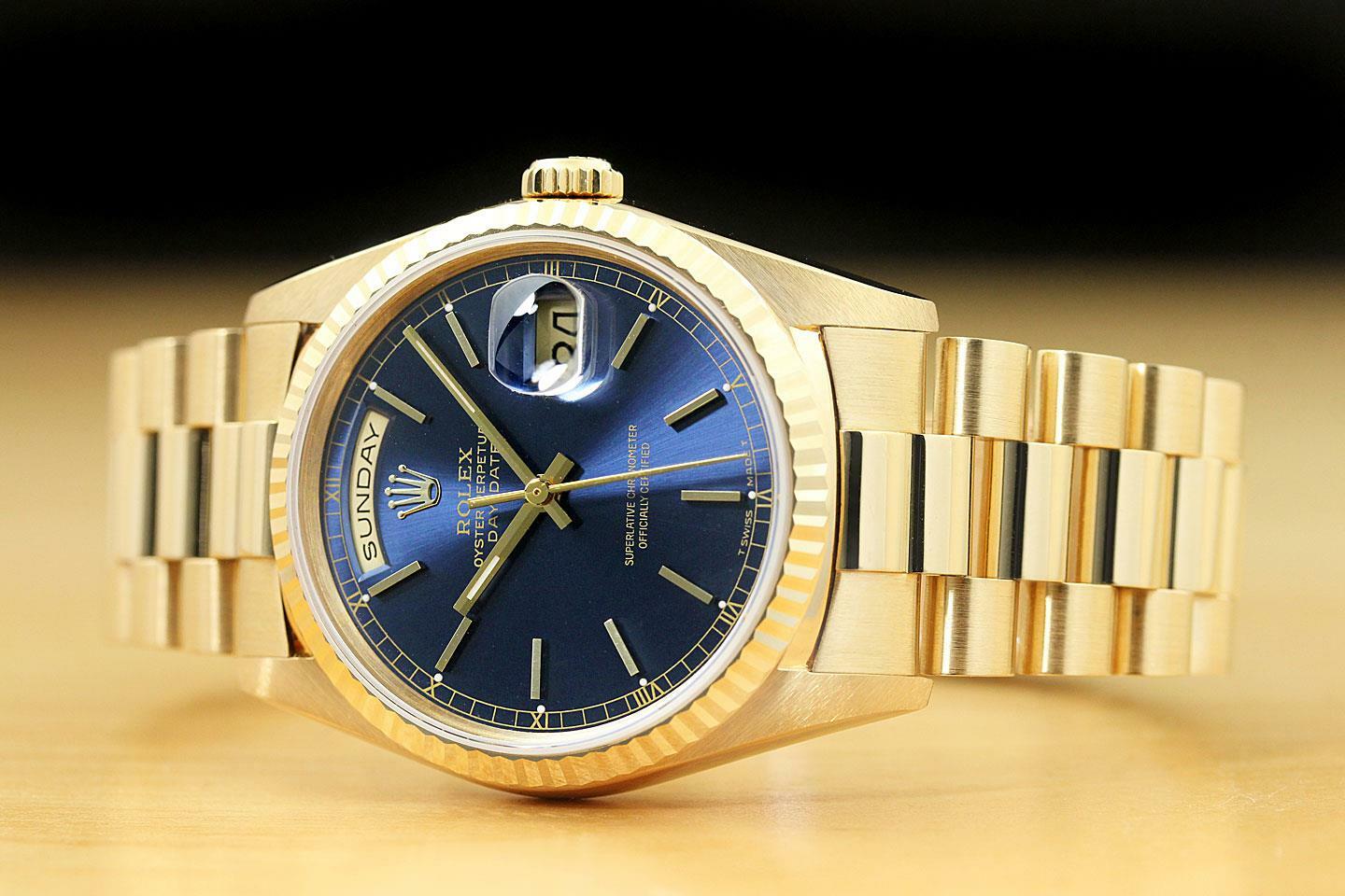 ROLEX MENS PRESIDENT DAY-DATE BLUE DIAL 18K YELLOW GOLD DOUBLE QUICKSET WATCH