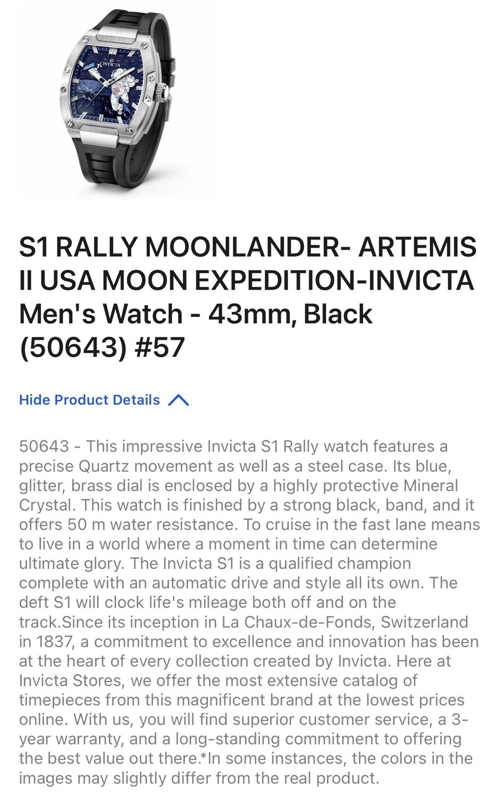 🔥RARE🔥Invicta S1 Rally ARTEMIS II USA 🇺🇸 MOONLANDER EXPEDITION 43mm 50643