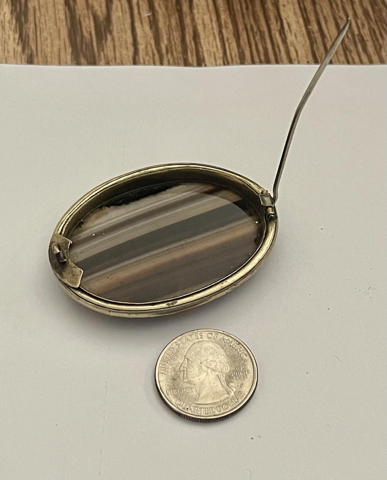 Antique Victorian Brown, Black & White Banded Agate in Goldtone Pinchback Brooch