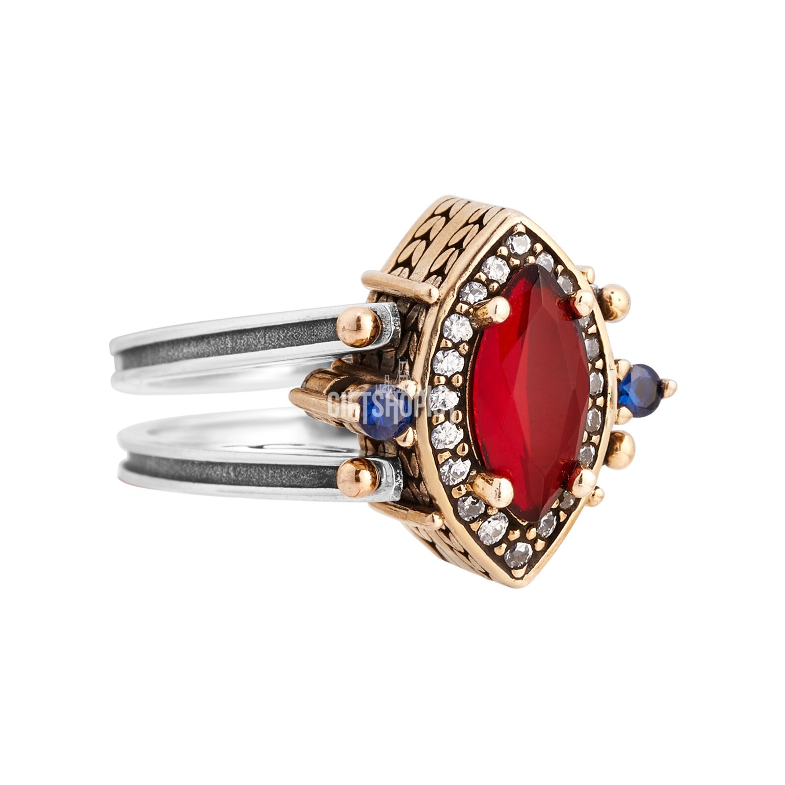 Turkish Reversible Marquise Sapphire Ruby Topaz 925 Sterling Silver Ring Size