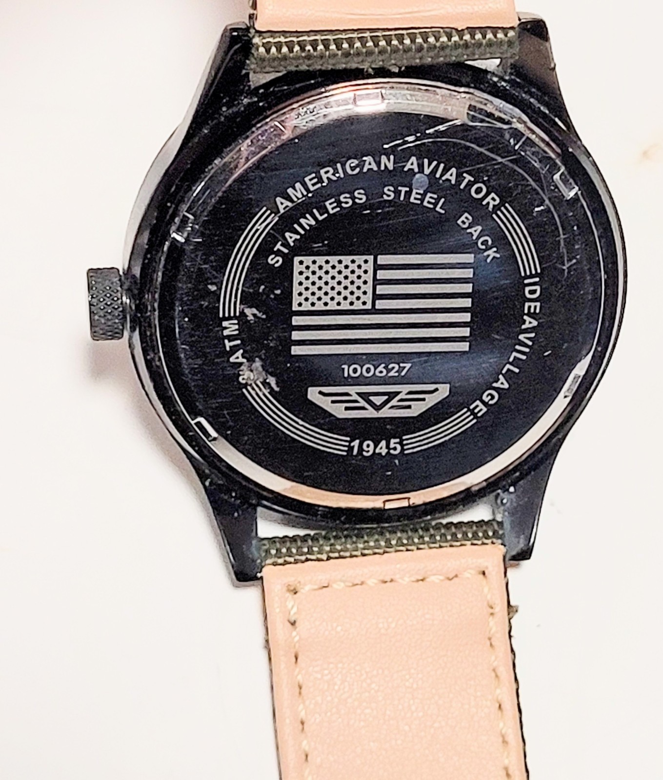 American Aviator 1945 Black Tone Quartz Wristwatch Field Watch Olive Green Band